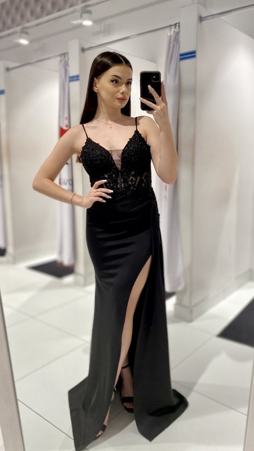 Sukienka długa gorset kwiatki rozcięcie czerń