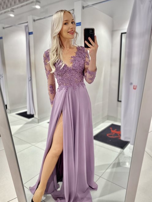 sukienka długa kamyki rękawek fiolet
