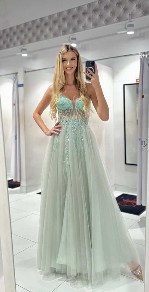 Sukienka tiulowa gorset zdobiony perłami pistacja