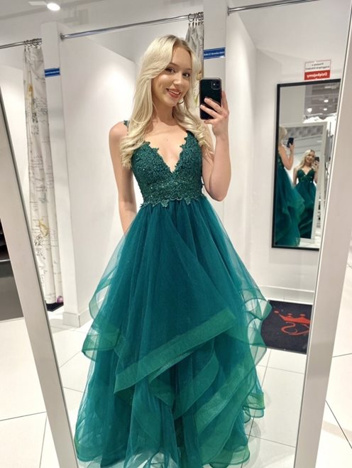 Długa sukienka tiul falbany na ramiączkach zieleń