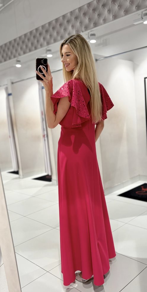 Sukienka długa klosz cekinowy rękawek malina