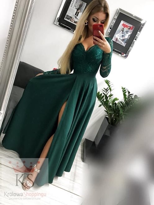 Długa sukienka plecy rękaw zielony