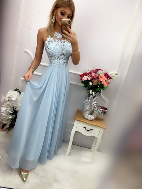 Długa sukienka zabudowany przód ozd plecy błękit