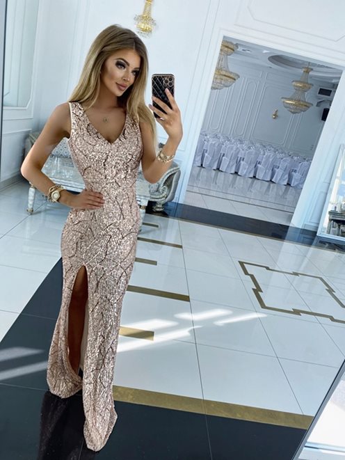 Sukienka długa syrenka cekiny ramiona korale złoty