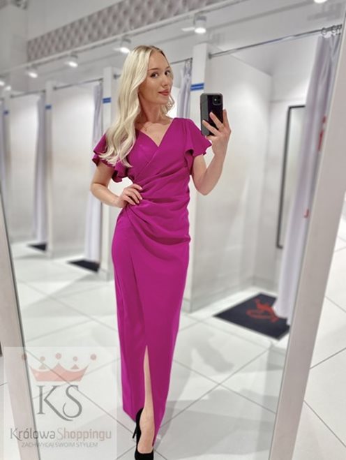 Sukienka długa dopasowana falbana rękaw fuksja