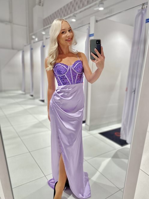 Sukienka długa cekiny gorset satynowy dół fiolet