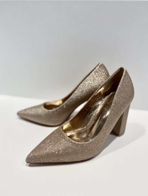 Czółenka na słupku brokatowe złoto