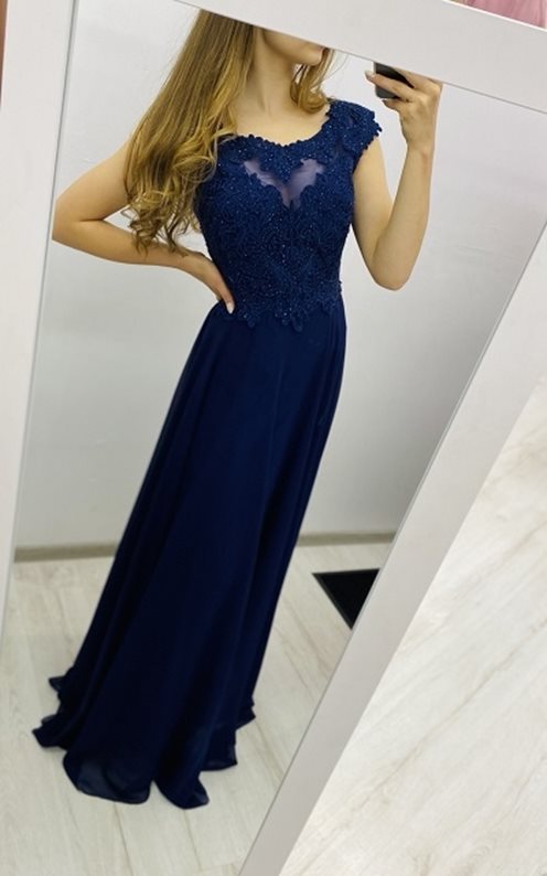 Długa sukienka ozdobna góra granat