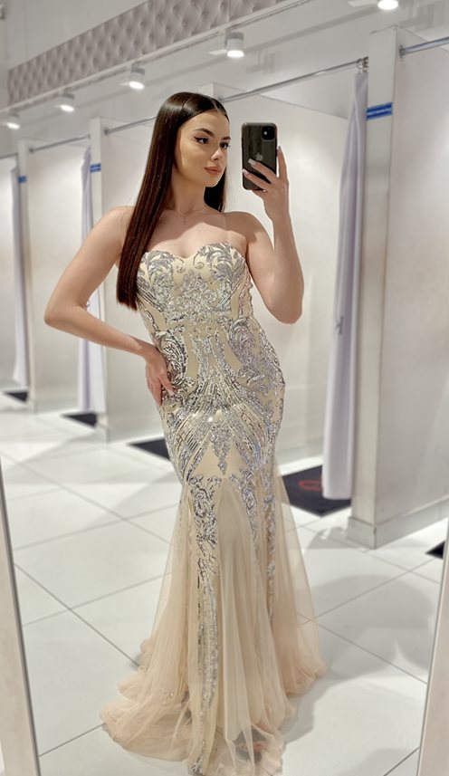 Sukienka długa cekinowa rybka bez ramiączek szampa