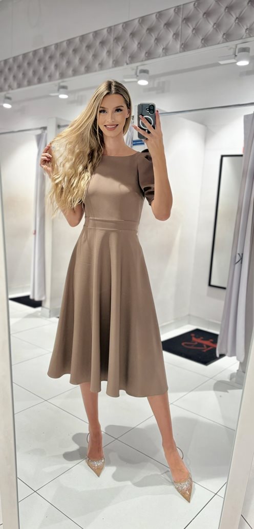 Sukienka midi bufiaste rękawki cappuccino