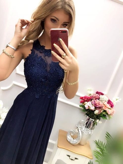 Długa sukienka zabudowany przód ozd plecy granat