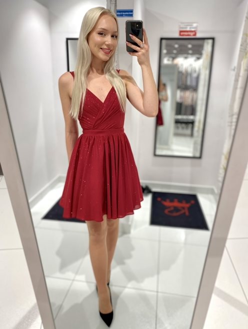 Sukienka krótka ramiączka brokat malina