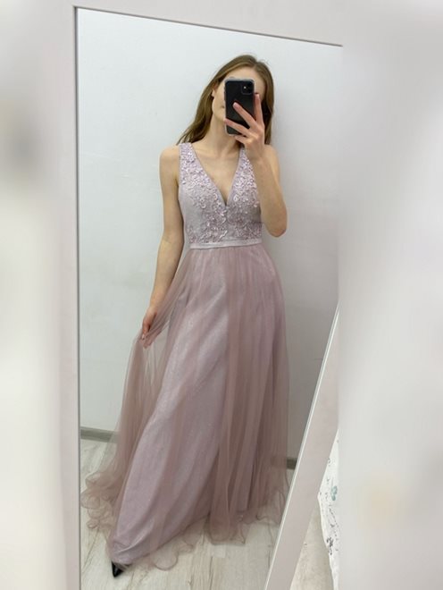 Długa sukienka tiulowa brokat kwiaty lila