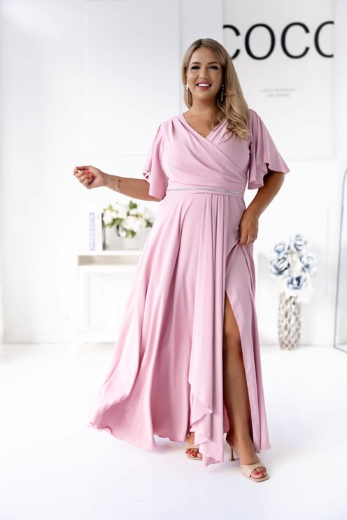 Sukienka długa marszczona ozdoba rękawek pas wrzos