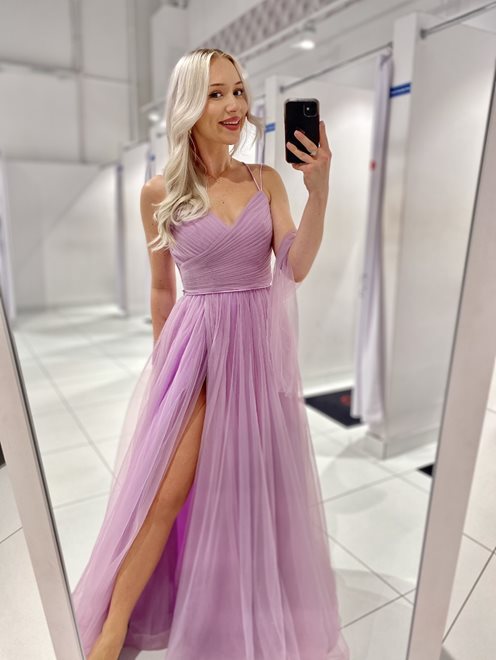 Sukienka długa tiulowa marszczona z przodu lilia