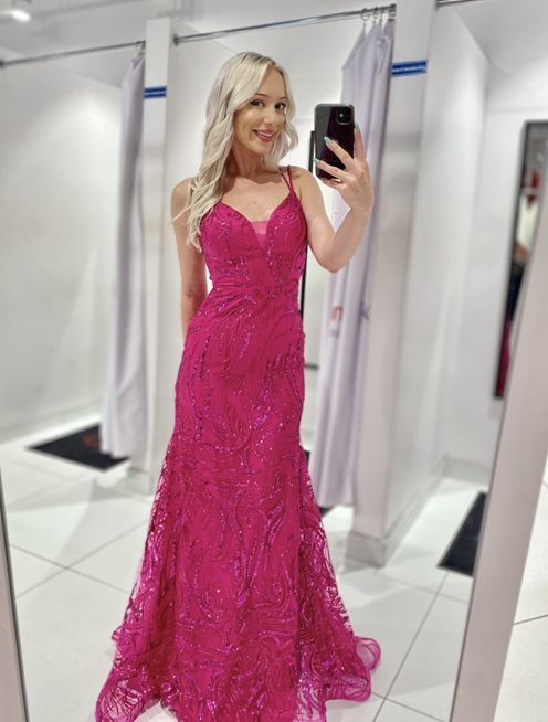 Sukienka długa wzór brokat z cekinami fuksja