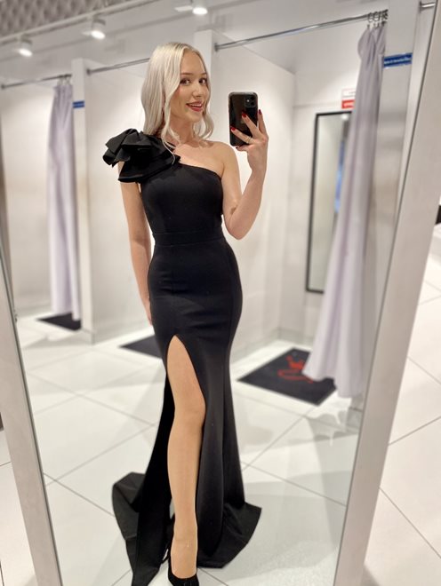 Sukienka długa na jedno ramie kokarda czerń