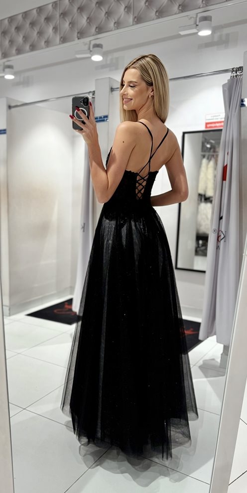 Sukienka długa gorset tiul brokat czerń/szary