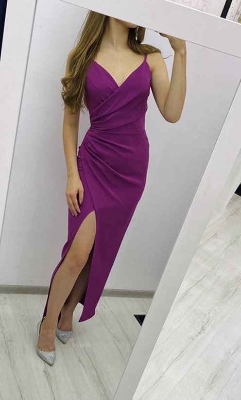 Sukienka długa ramiączka dopasowana gładka fiolet