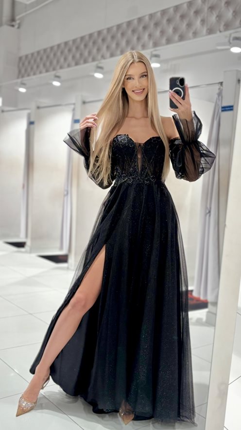 Sukienka długa tiulowa gorset zdobiony rękaw czerń