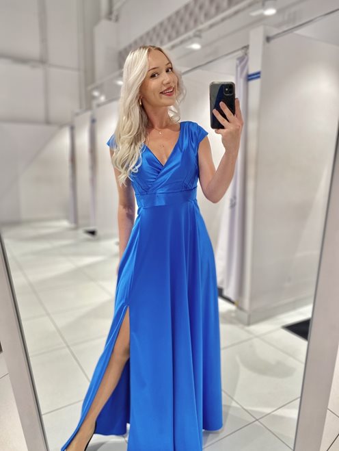 Sukienka długa z dekoltem V i rozcięciem chaber