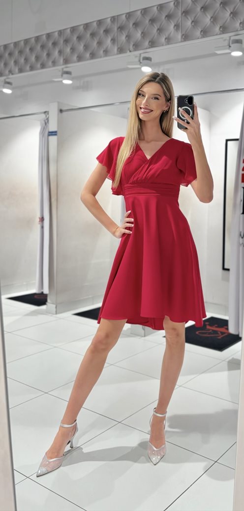 Sukienka asymetryczna pas i rękawek malina