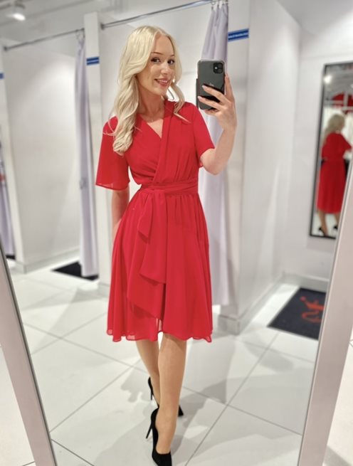 Sukienka midi na gumce brokatowa malina