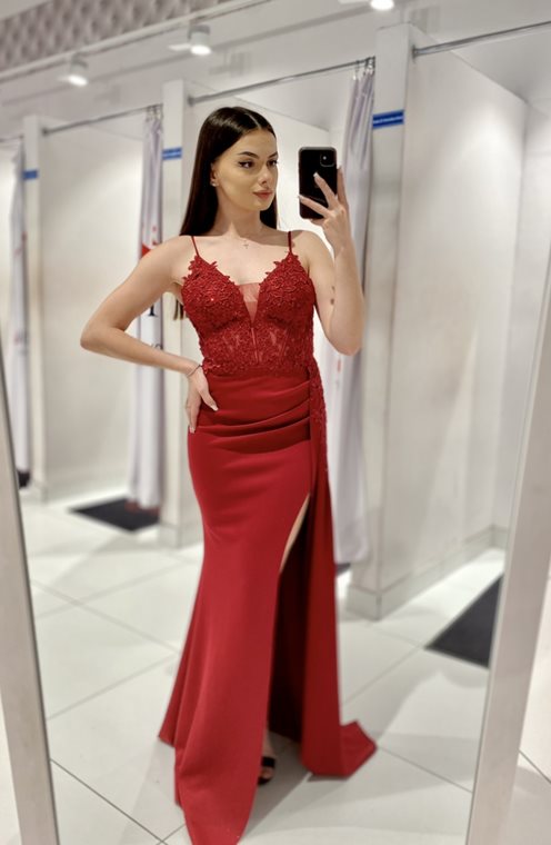 Sukienka długa gorset kwiatki rozcięcie bordo