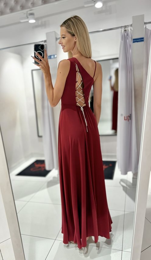 Sukienka długa asymetryczne wiązanie burgund