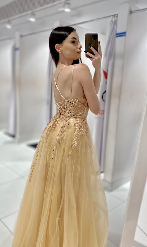 Sukienka długa tiul cekiny gorset złoto