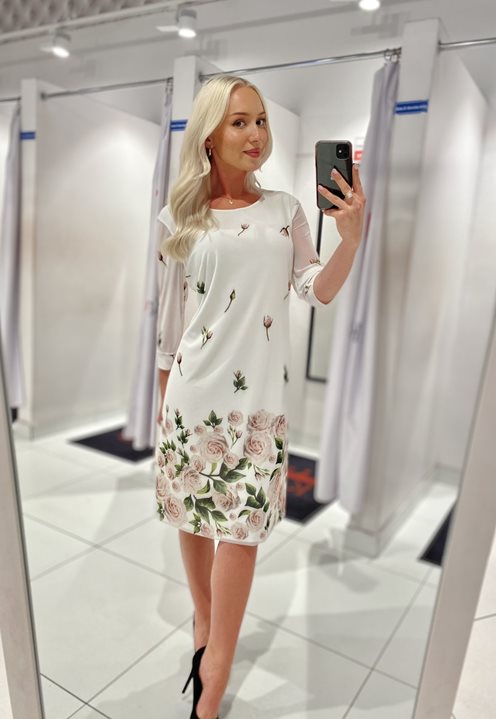 Sukienka krótka szyfonowa rękawek motyw kwiaty