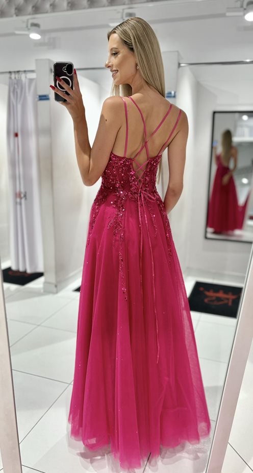 Sukienka długa tiul cekiny gorset fuksja