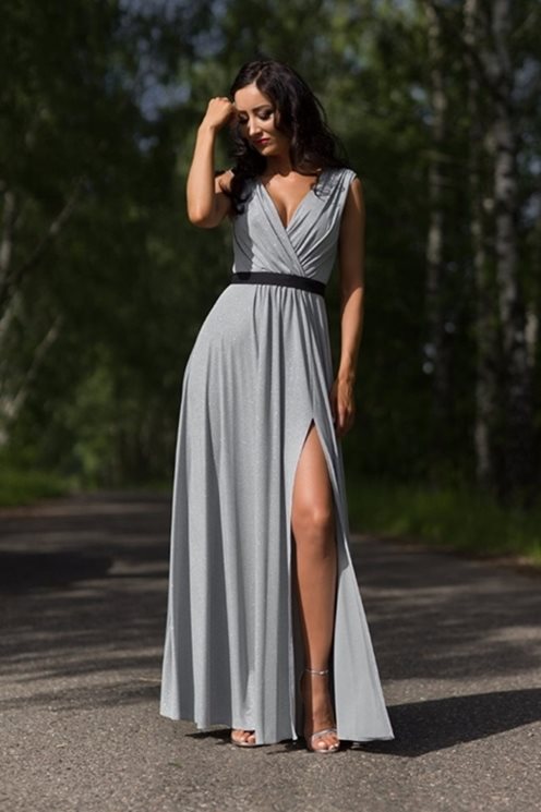 Długa sukienka fala dekolt brokat szara