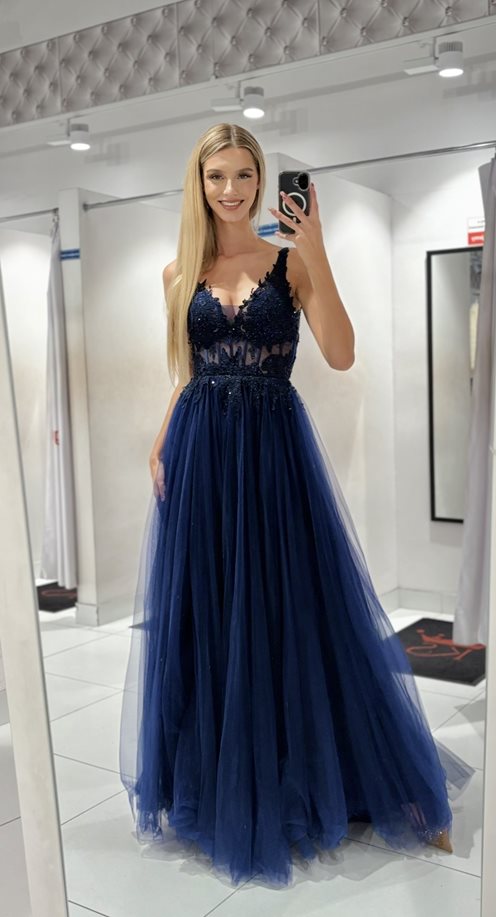 Sukienka długa tiulowa gorset koronka granat