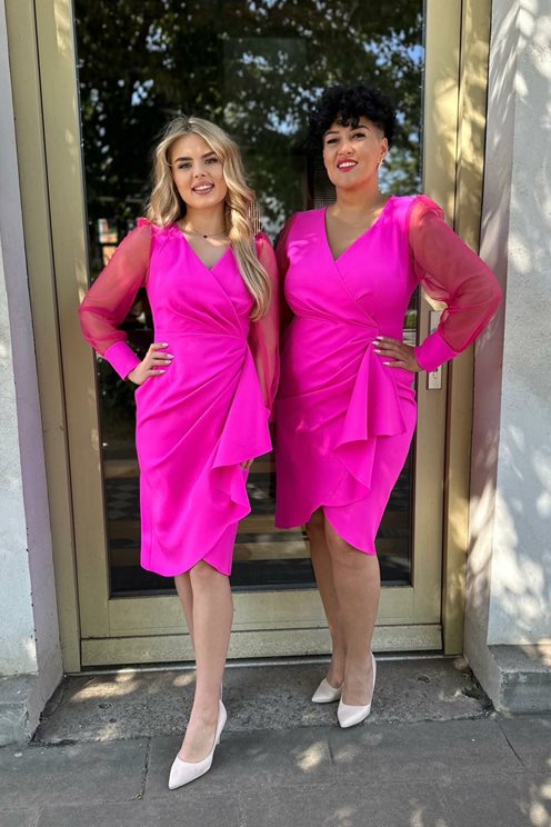 Sukienka krótka tiulowy rękawek marszczenia fuksja