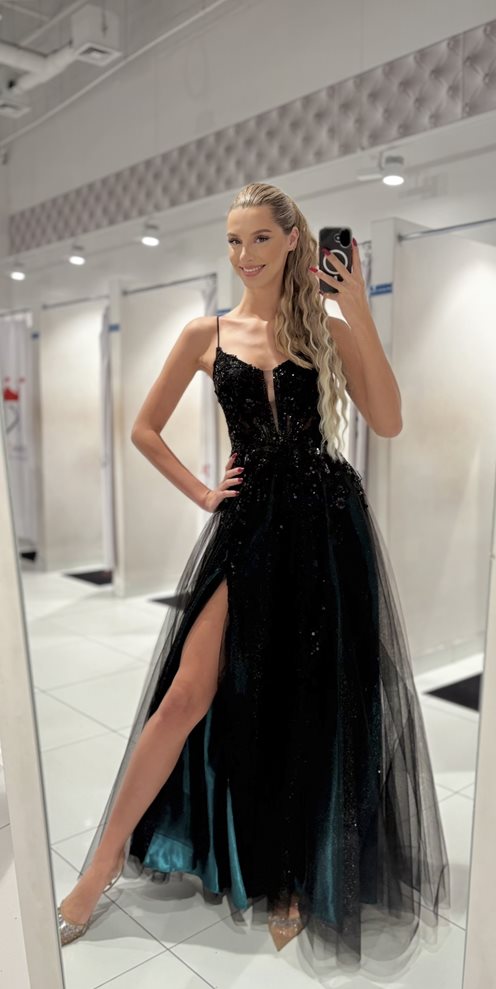 Sukienka długa brokat gorset czerń/zieleń