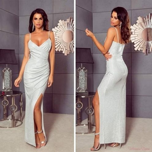 Długa sukienka brokat rozcięcie zamek srebro