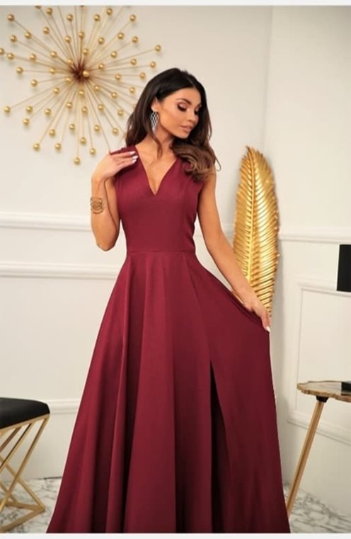 Sukienka długa połyskująca rozcięcia bordo