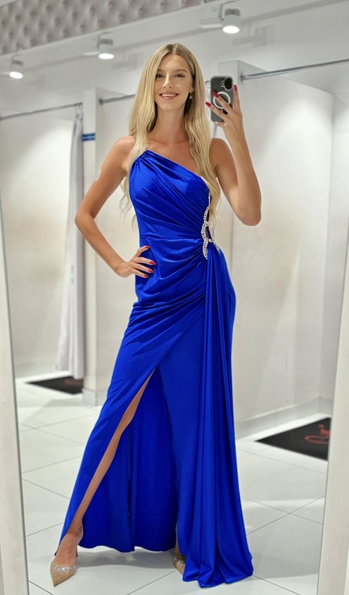 Sukienka długa marszczona jedno ramię chaber