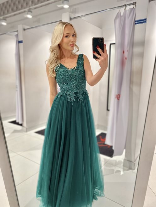 Sukienka długa tiulowa pióra zielony