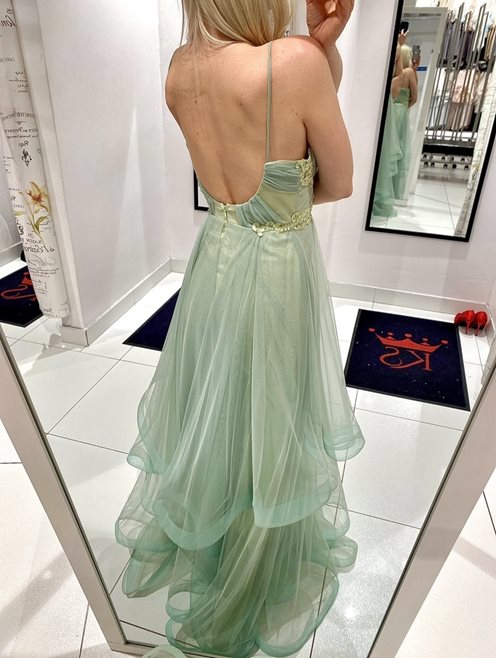 Sukienka długa zdobienie tiul falbany oliwka