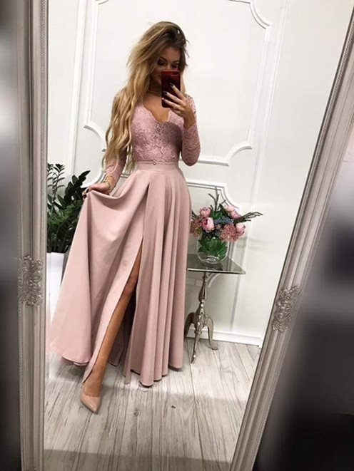 Długa sukienka plecy rękaw brudny róż