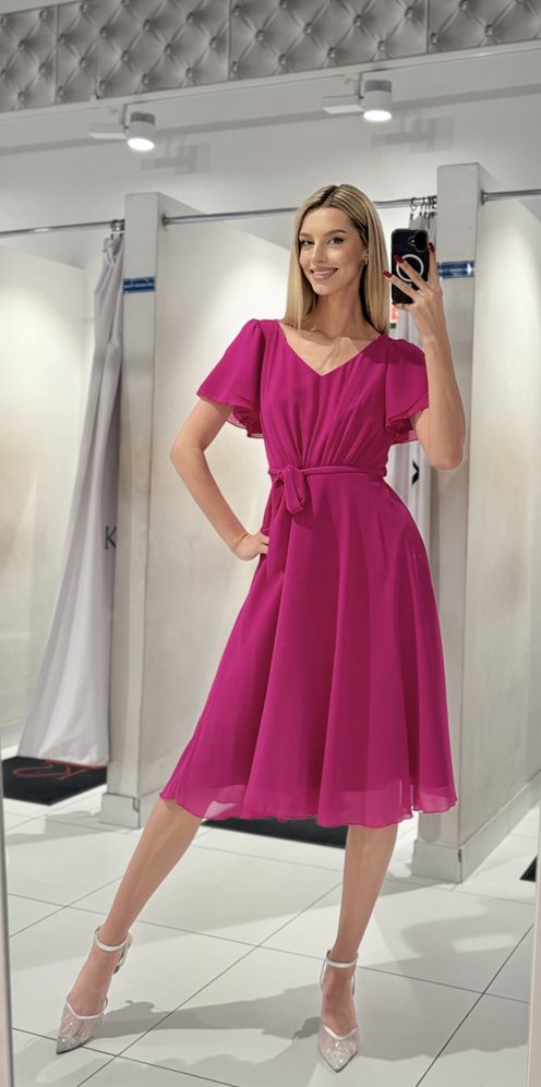 Sukienka midi szyfon rękawek falbanka fuksja