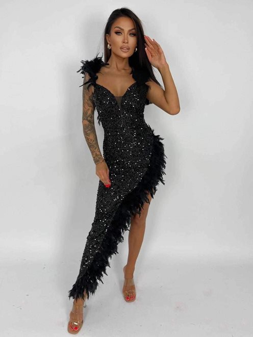 Sukienka długa cekinowa rozcięcie pióra czerń