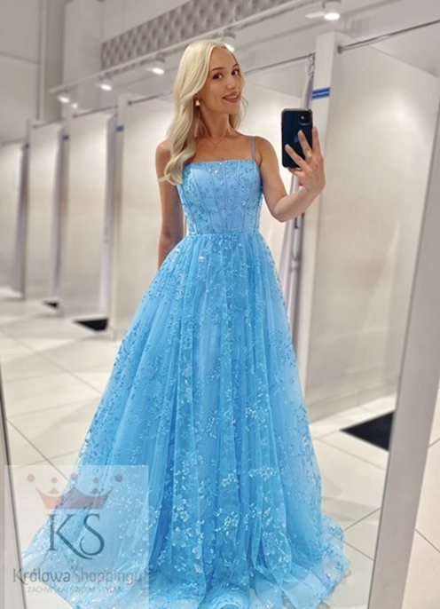 Sukienka długa tiulowa zdobiona brokatem błękit