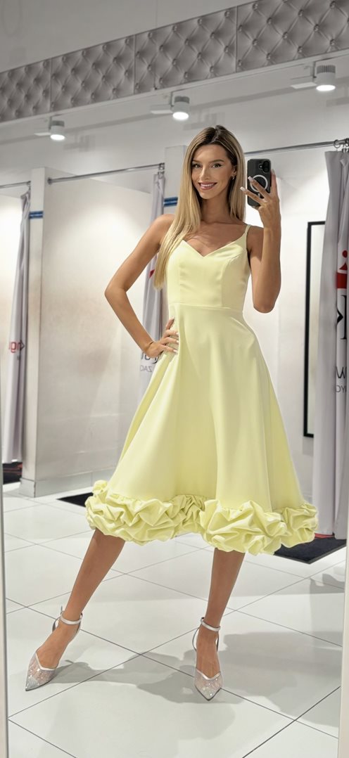 Sukienka midi ramiączka dół klosz falbana masełko