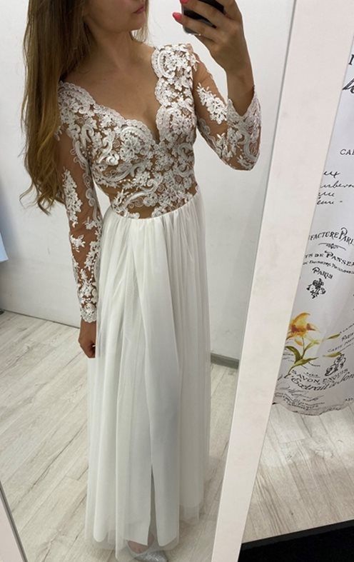 Długa sukienka rękawek tiul biało-beżowa