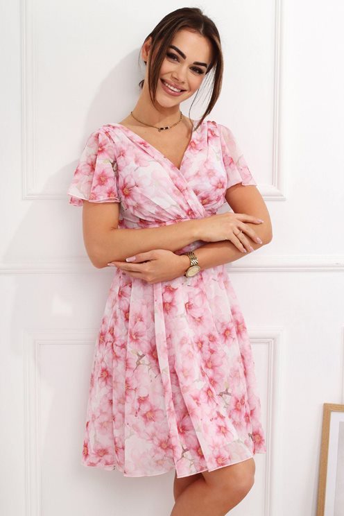 Sukienka krótka print kwiaty i pas róż