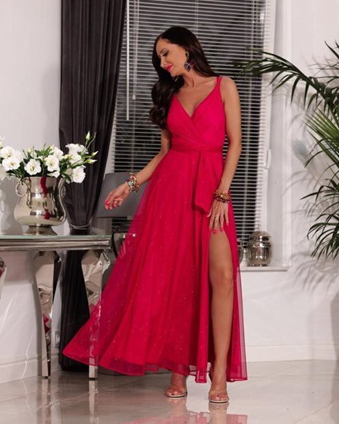 Sukienka długa prosta z tiulem błysk czerwień