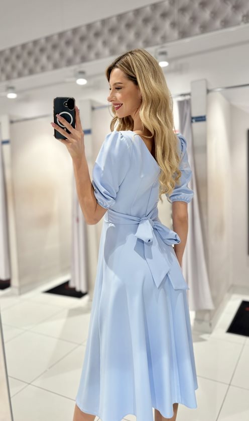 Sukienka midi rękawek wiązanie tył błękit